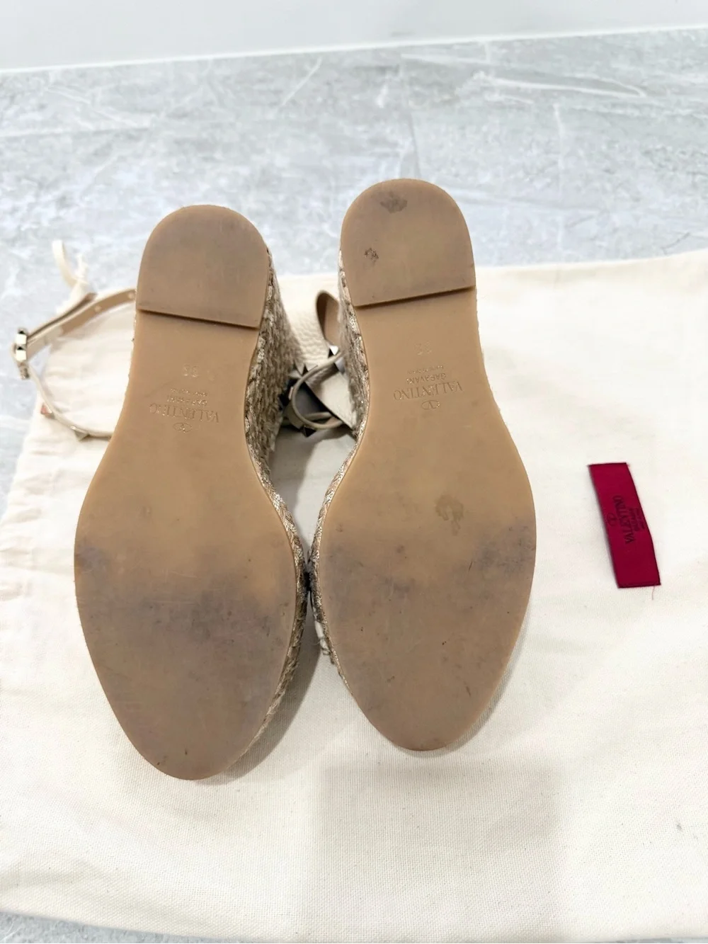 Valentino Garavani Ivory Leather Rockstud Espadrille Wedge Sandals